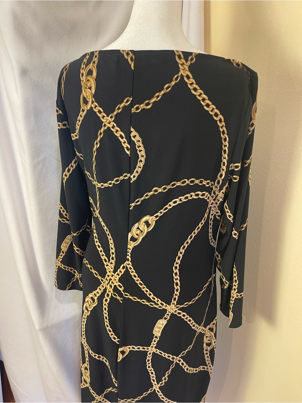 Lauren Ralph Lauren Black Gold Chain Print Faux Wrap Dress 14 Stretchy Ruched - Picture 11 of 16